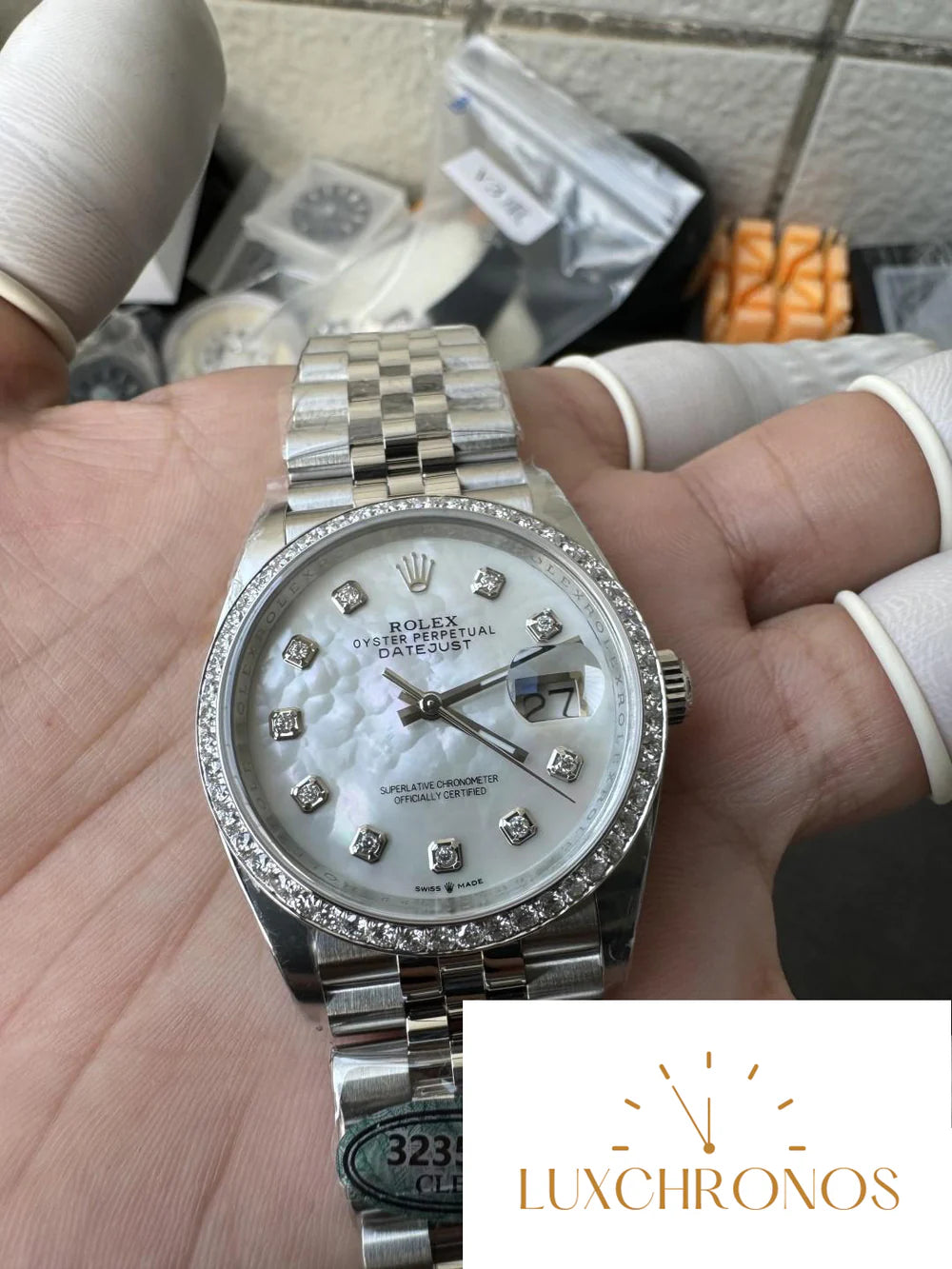 CLEAN FACTORY DATEJUST 36MM M126284RBR-0011 MOP DIAL WITH DIAMOND HOUR MARKERS DIAMONDS SET BEZEL 3235 CALIBER JUBILEE BRACELET
