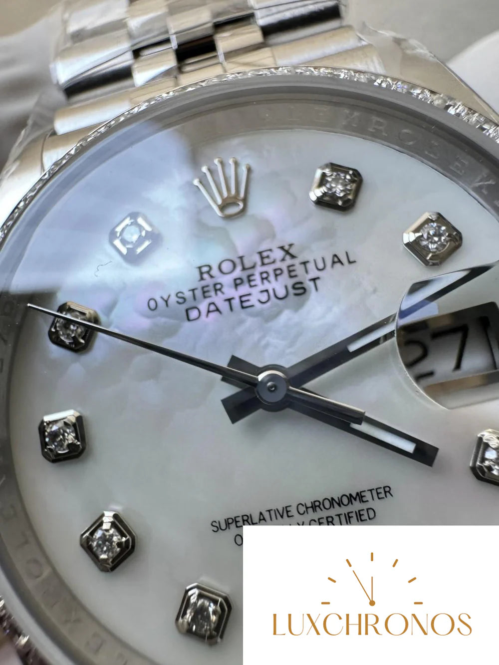 CLEAN FACTORY DATEJUST 36MM M126284RBR-0011 MOP DIAL WITH DIAMOND HOUR MARKERS DIAMONDS SET BEZEL 3235 CALIBER JUBILEE BRACELET