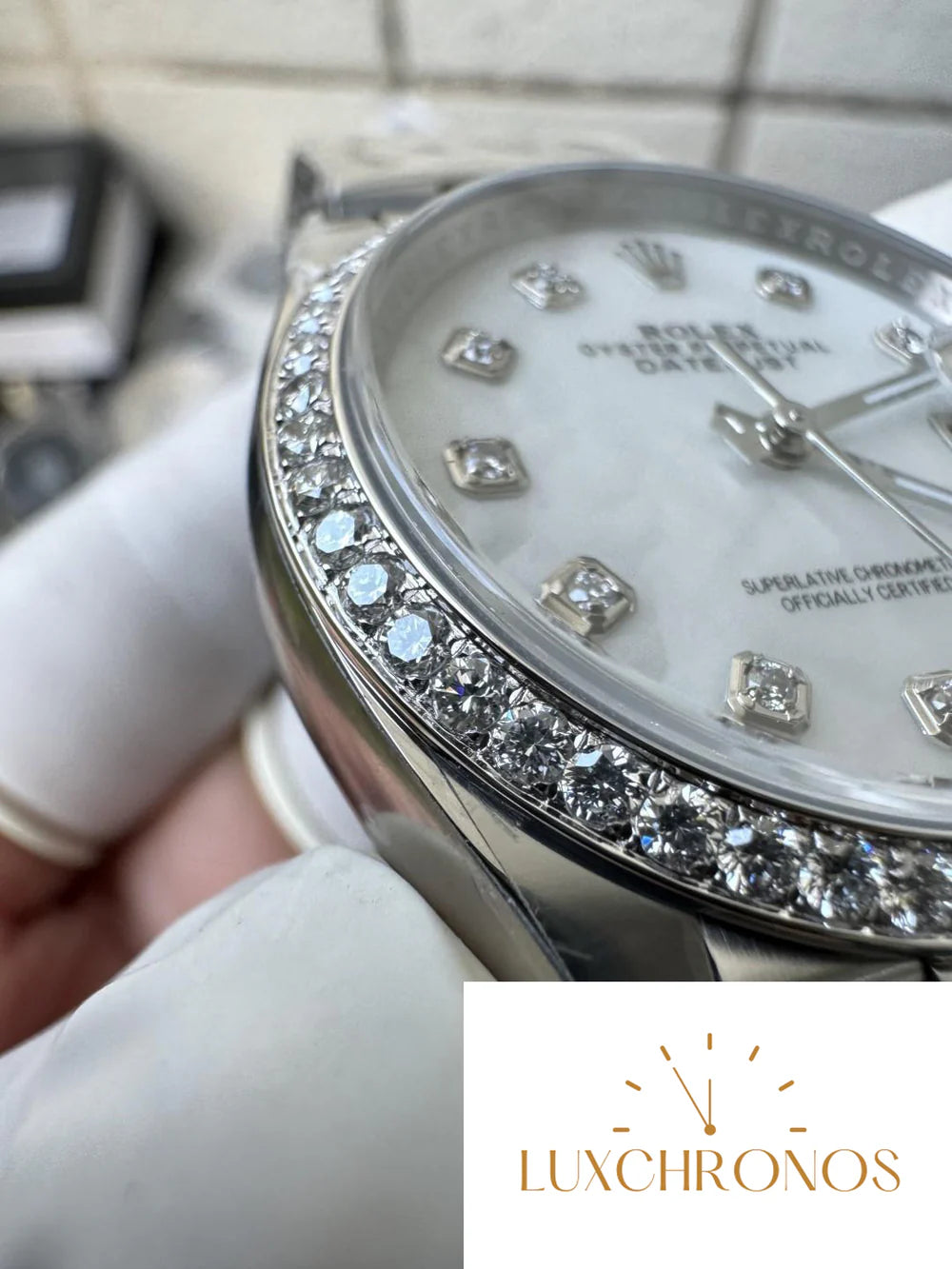 CLEAN FACTORY DATEJUST 36MM M126284RBR-0011 MOP DIAL WITH DIAMOND HOUR MARKERS DIAMONDS SET BEZEL 3235 CALIBER JUBILEE BRACELET