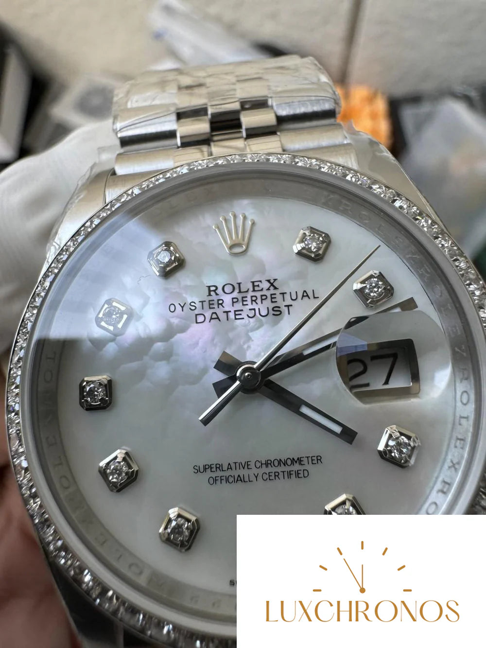 CLEAN FACTORY DATEJUST 36MM M126284RBR-0011 MOP DIAL WITH DIAMOND HOUR MARKERS DIAMONDS SET BEZEL 3235 CALIBER JUBILEE BRACELET