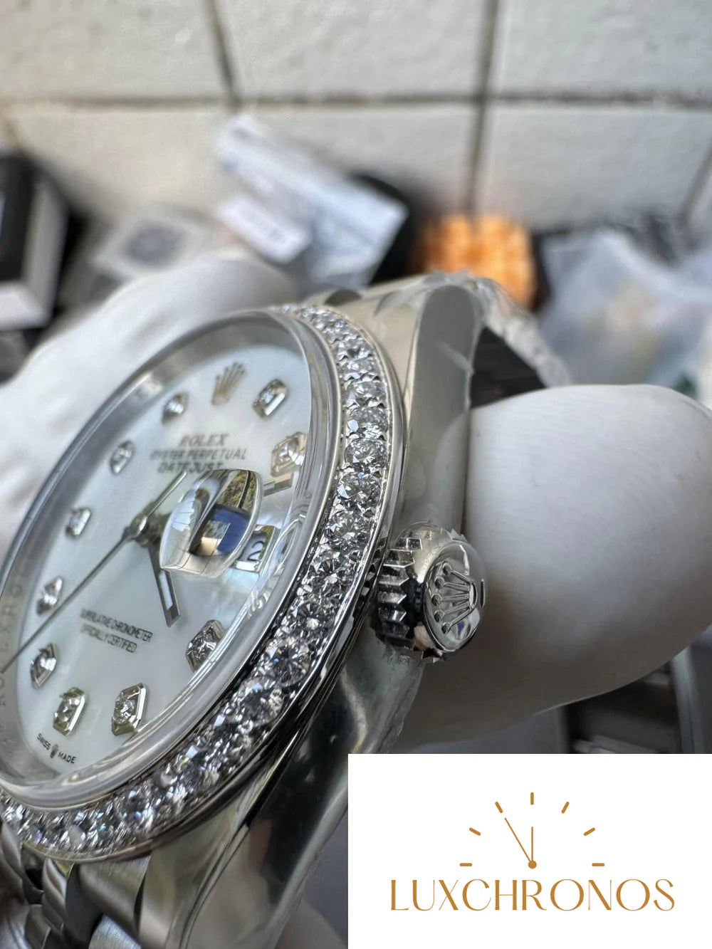 CLEAN FACTORY DATEJUST 36MM M126284RBR-0011 MOP DIAL WITH DIAMOND HOUR MARKERS DIAMONDS SET BEZEL 3235 CALIBER JUBILEE BRACELET