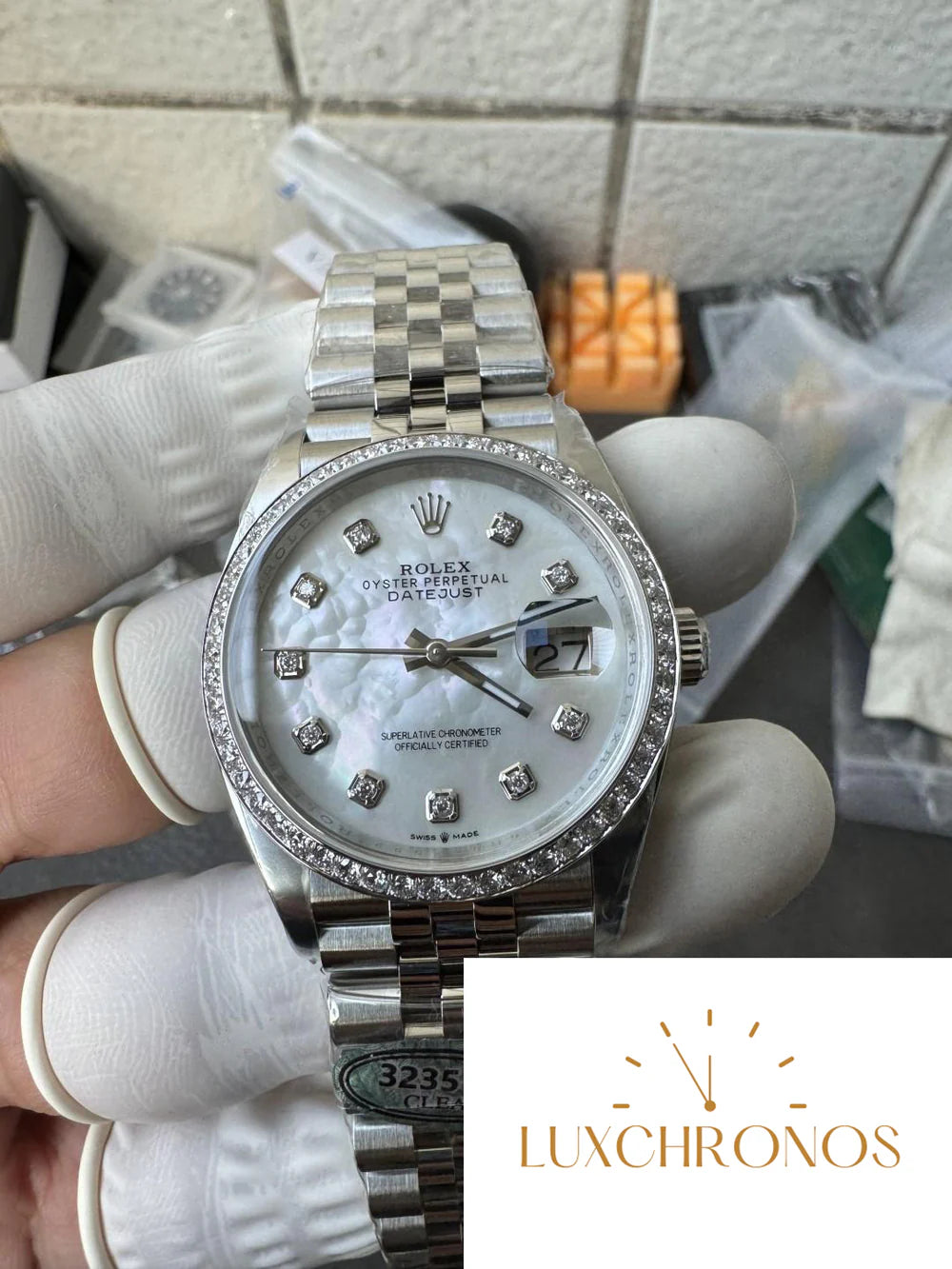 CLEAN FACTORY DATEJUST 36MM M126284RBR-0011 MOP DIAL WITH DIAMOND HOUR MARKERS DIAMONDS SET BEZEL 3235 CALIBER JUBILEE BRACELET