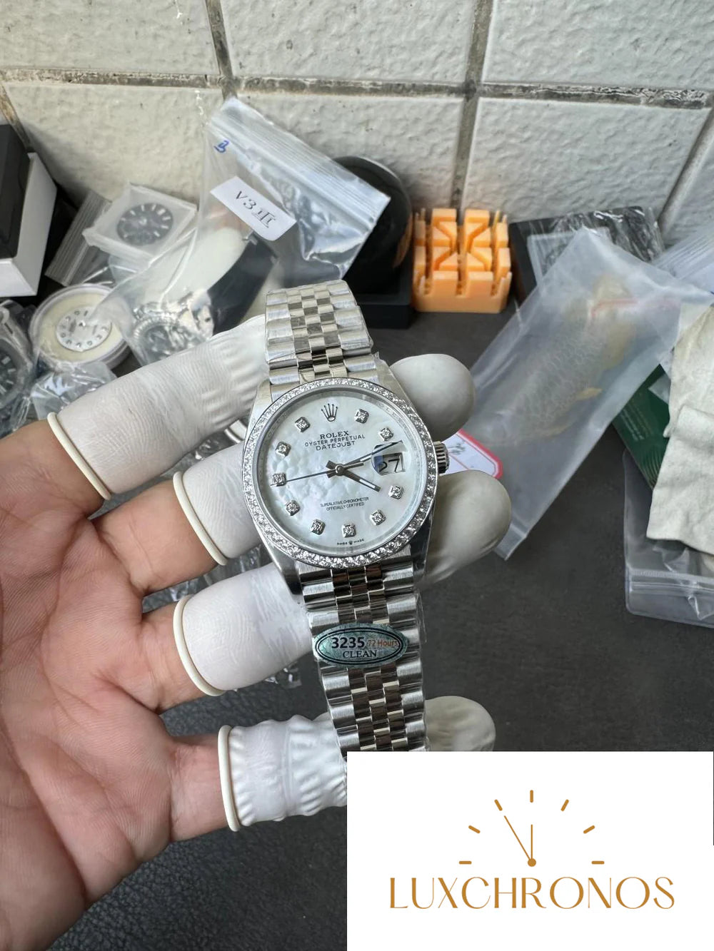 CLEAN FACTORY DATEJUST 36MM M126284RBR-0011 MOP DIAL WITH DIAMOND HOUR MARKERS DIAMONDS SET BEZEL 3235 CALIBER JUBILEE BRACELET