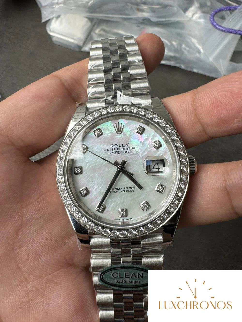 CLEAN FACTORY ROLEX DATEJUST 126334 41MM MOP DIAL DIAMONDS BEZEL 904L STEEL JUBILEE BRACELET SH3235 CUSTOMIZED WATCH