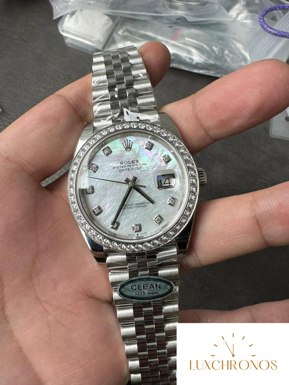 CLEAN FACTORY ROLEX DATEJUST 126334 41MM MOP DIAL DIAMONDS BEZEL 904L STEEL JUBILEE BRACELET SH3235 CUSTOMIZED WATCH