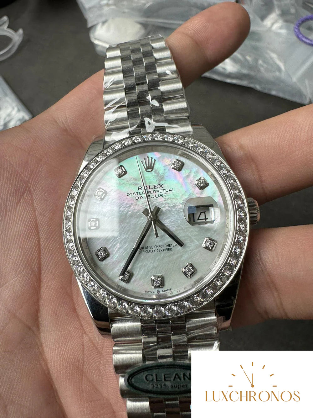CLEAN FACTORY ROLEX DATEJUST 126334 41MM MOP DIAL DIAMONDS BEZEL 904L STEEL JUBILEE BRACELET SH3235 CUSTOMIZED WATCH